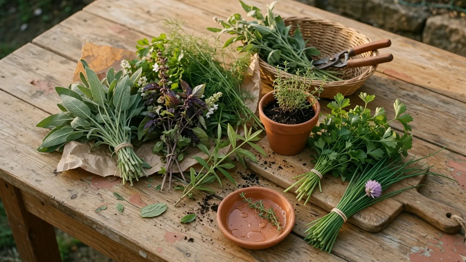 A variety of fresh culinary herbs arranged on a rustic wooden table ready for harvesting.