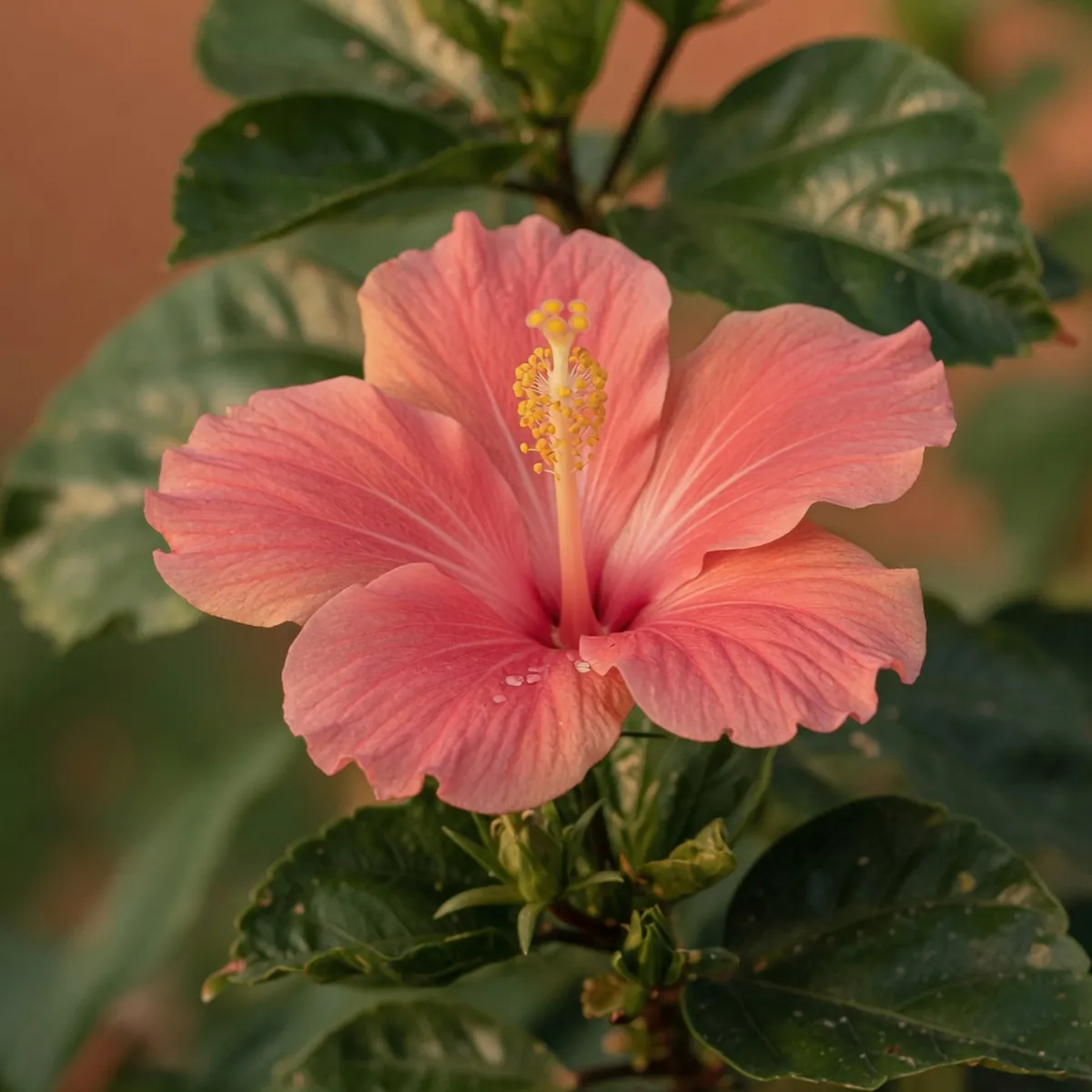 A close-up of a pink hibiscus flower with a prominent yellow stamen and glossy green leaves.