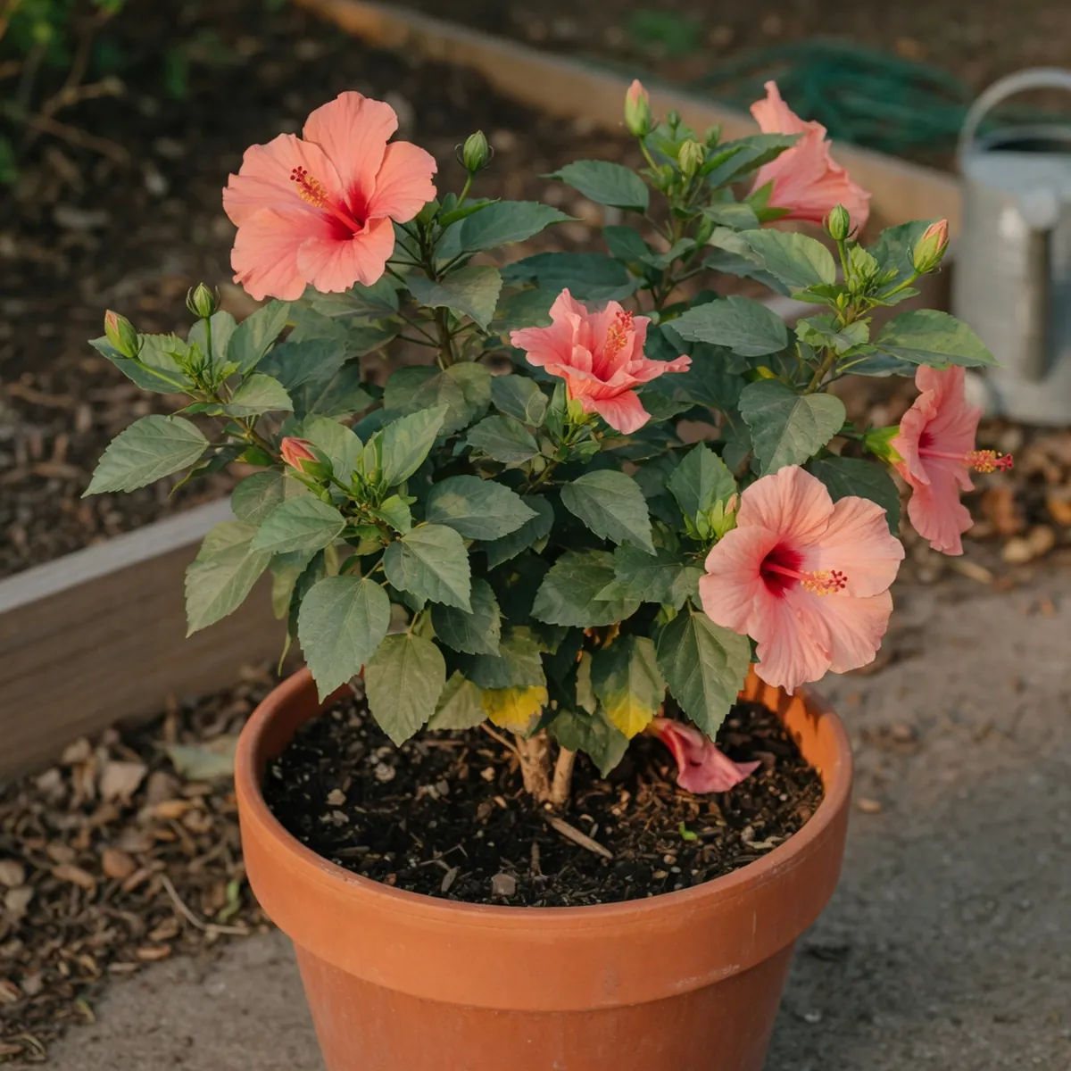 A healthy hibiscus shrub in a terracotta pot displaying multiple open blooms and green buds.