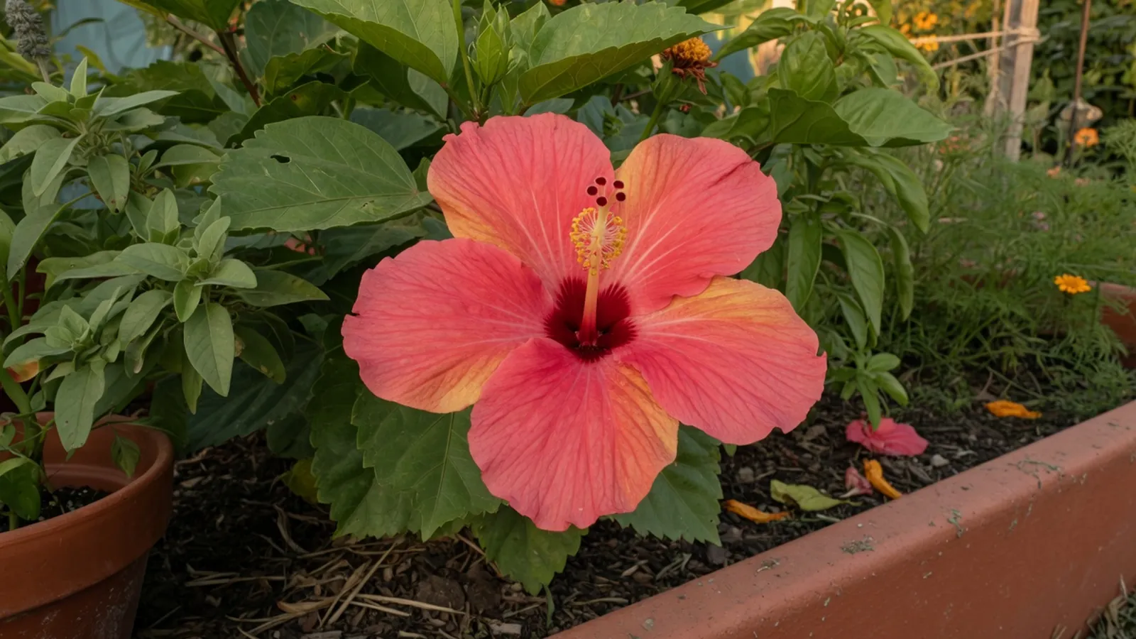 A vibrant hibiscus flower in full bloom surrounded by lush green foliage in a sunlit garden.
