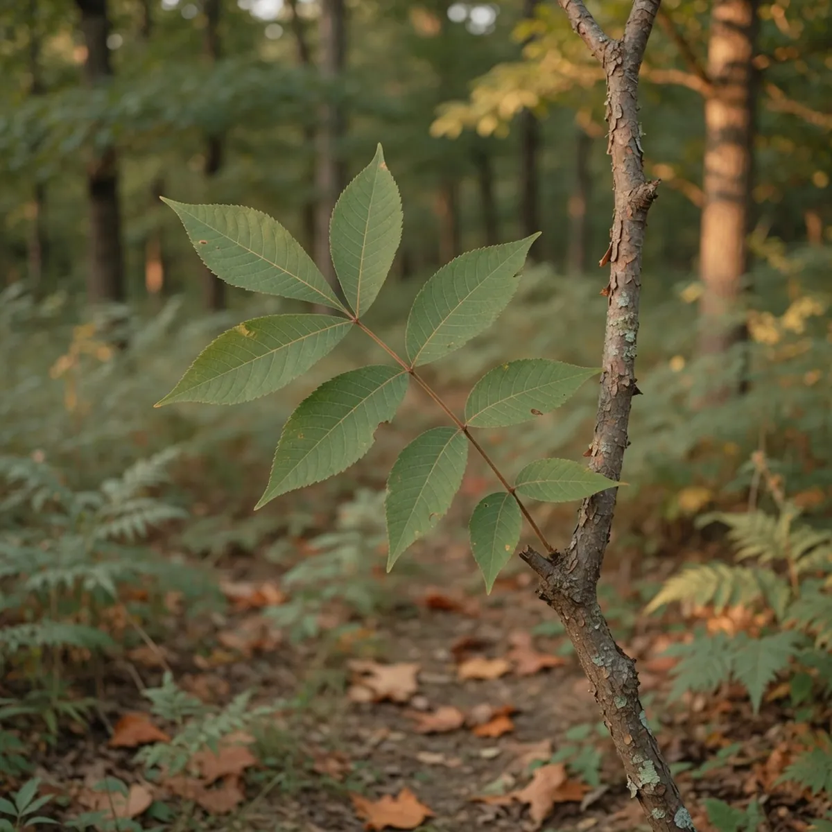 A hickory branch with a pinnately compound leaf showing an odd number of green leaflets.