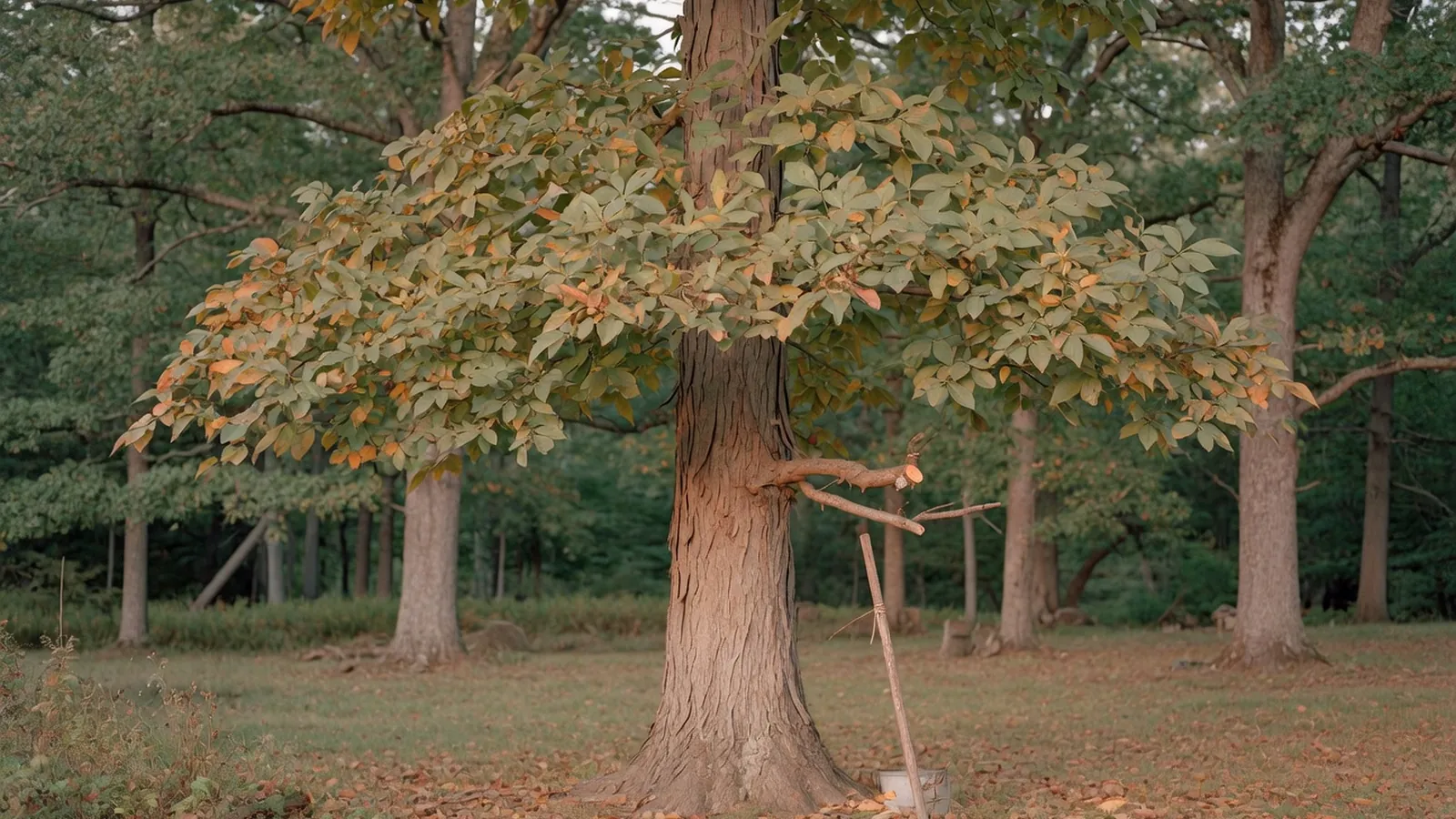 A tall hickory tree with a full canopy of green leaves standing in a sunlit forest clearing.