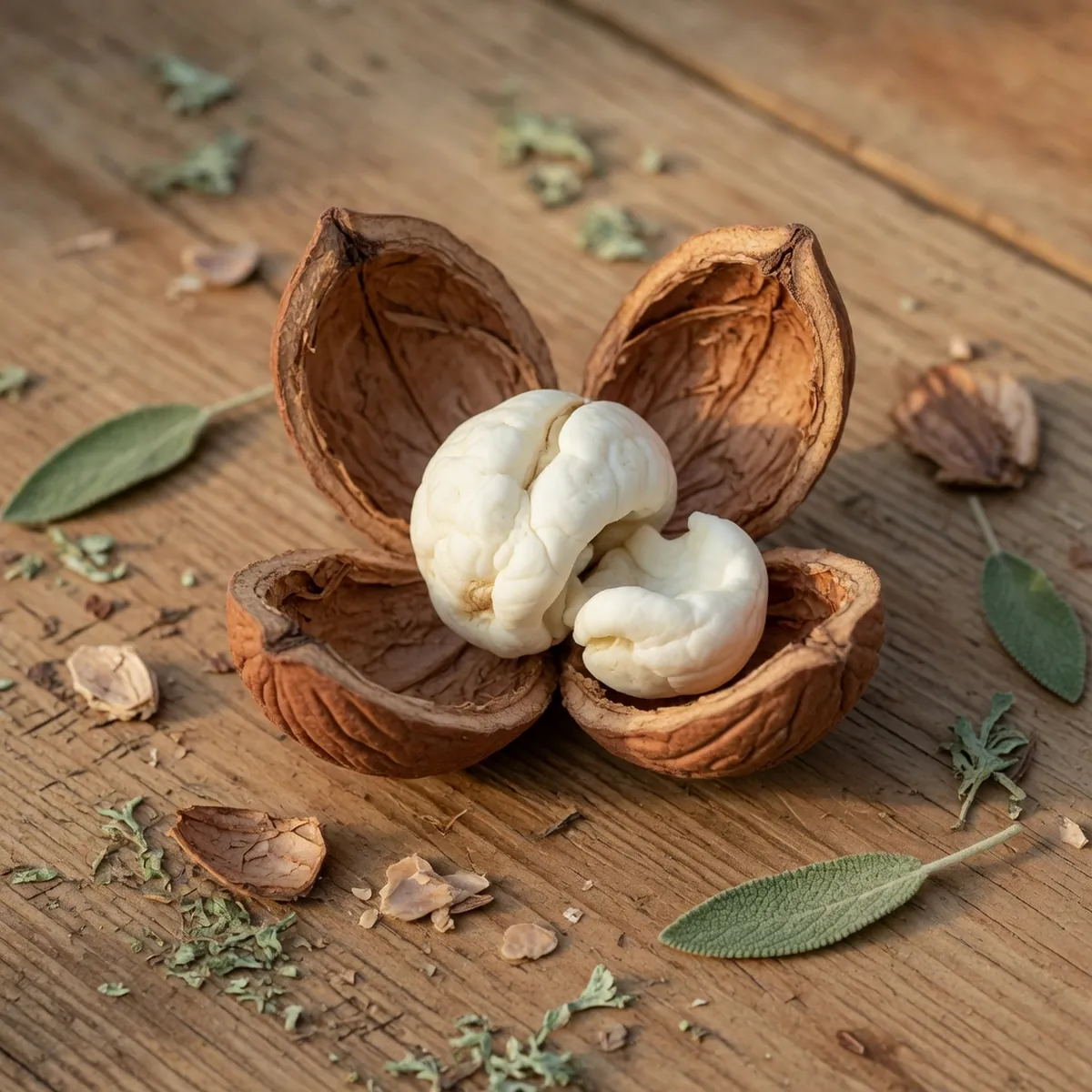 A split hickory nut displaying its four-part outer shell and white edible kernel on a wooden surface.
