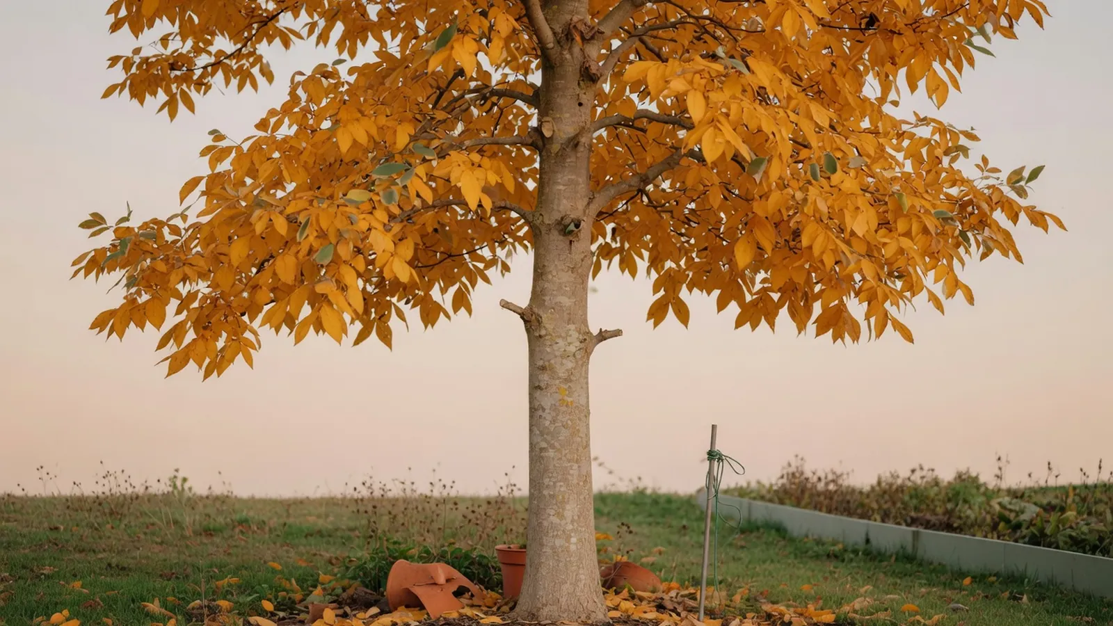 A mature hickory tree with a straight trunk and vibrant golden autumn foliage against a clear sky.