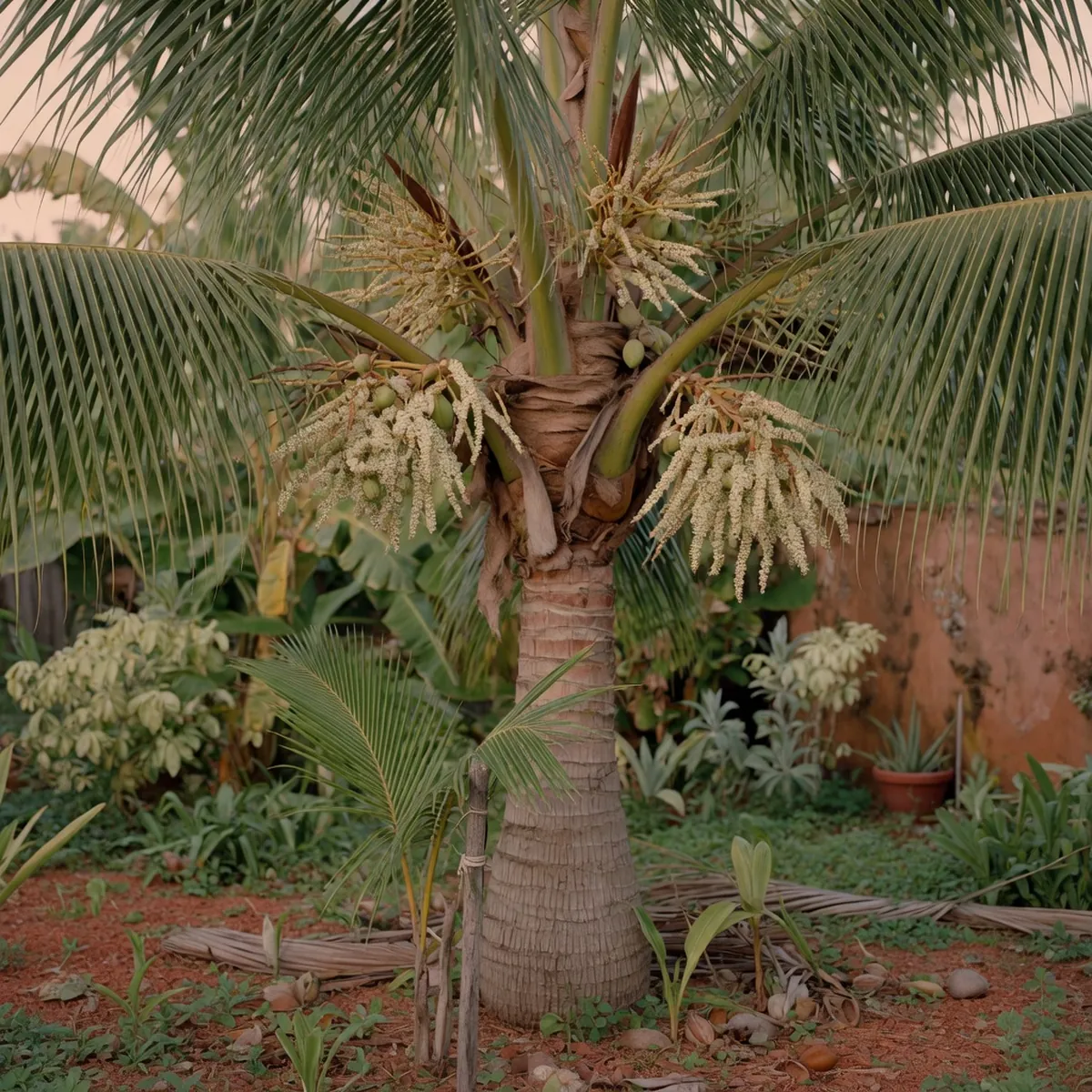 A tall coconut palm tree with long pinnate leaves and clusters of flowers against a clear sky.