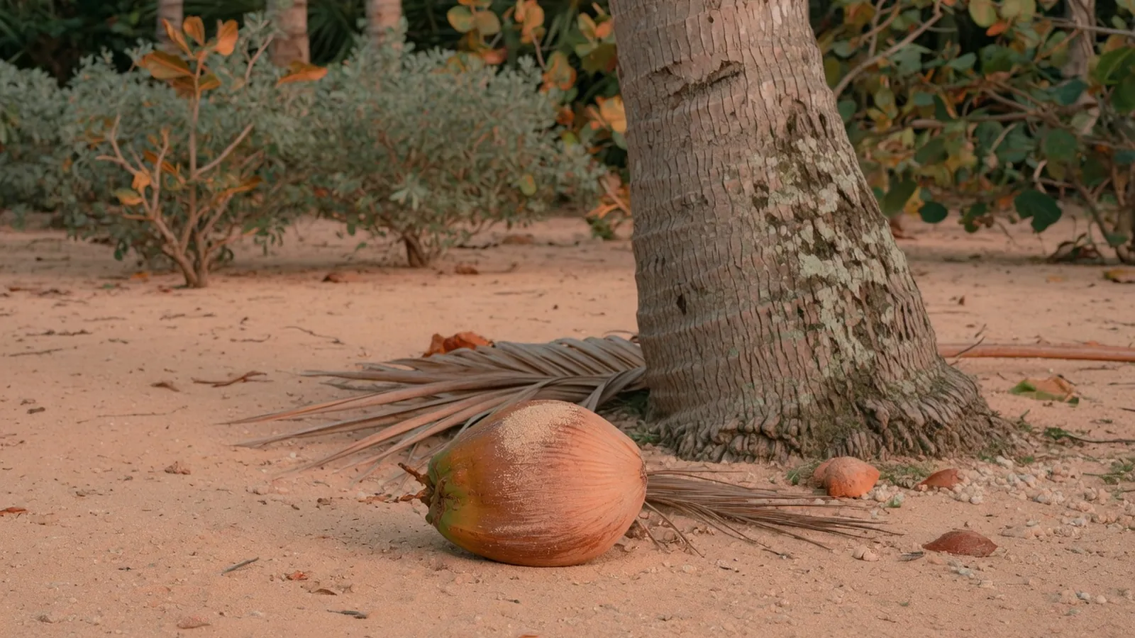 A ripe coconut resting on sandy soil beside a tall palm tree in a tropical setting.