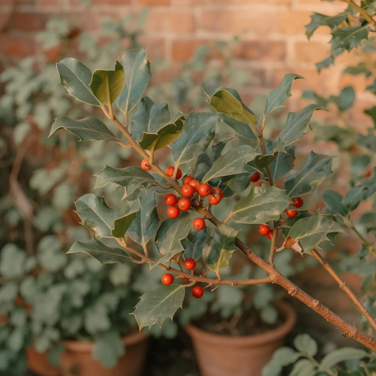 A branch of holly foliage featuring a dense cluster of glossy red berries against blurred green leaves.