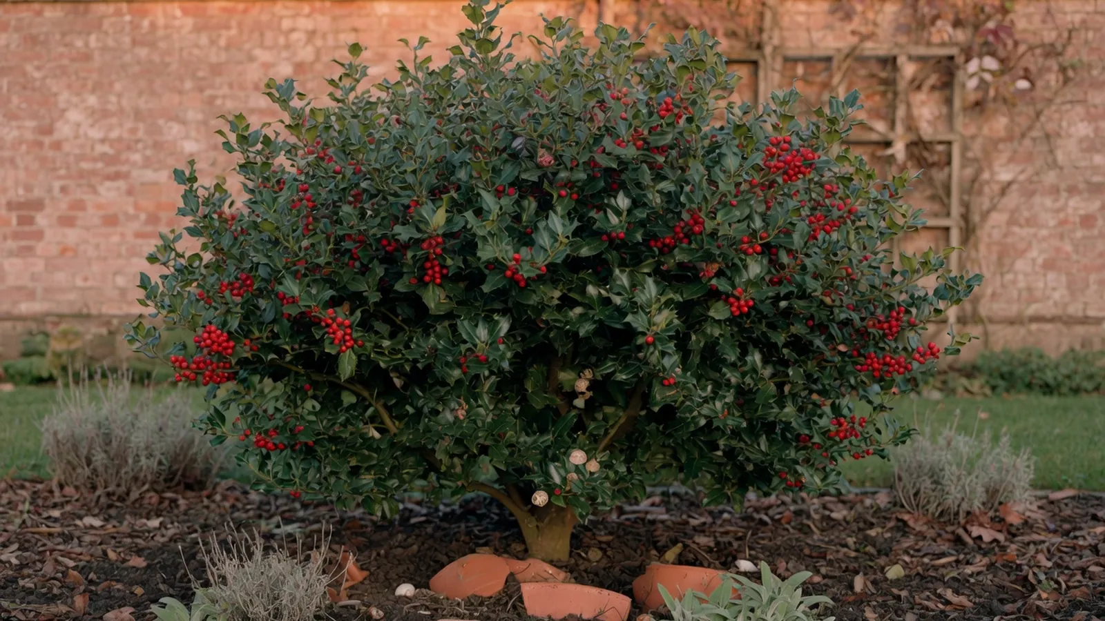 A healthy holly shrub displaying glossy green leaves and clusters of bright red berries in a garden setting.