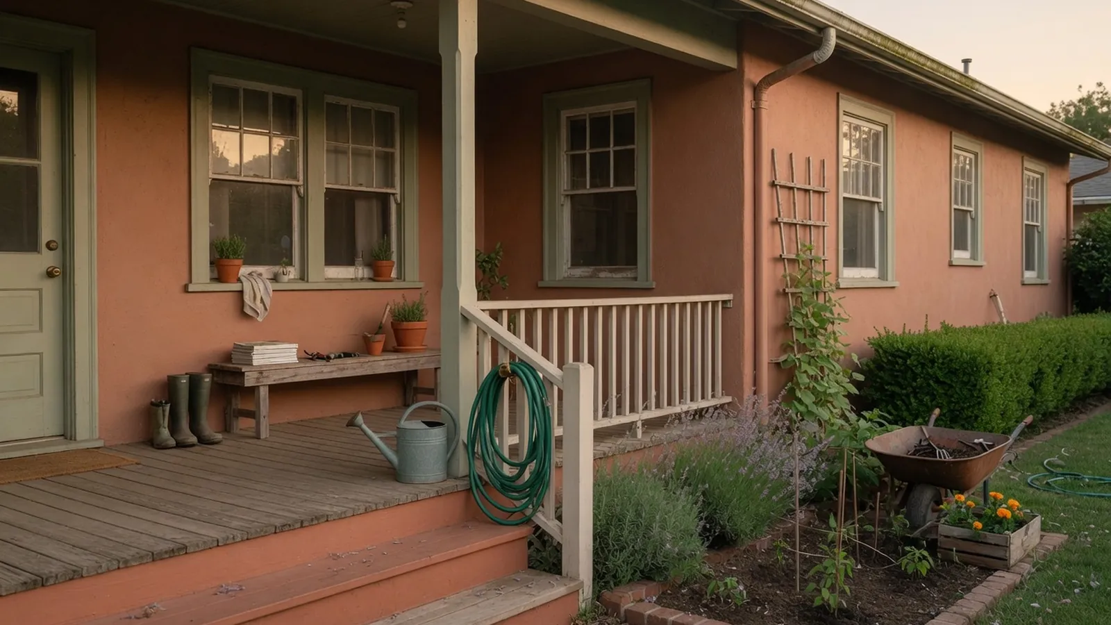 A classic home exterior featuring a painted porch, wooden deck, and windows surrounded by garden greenery.