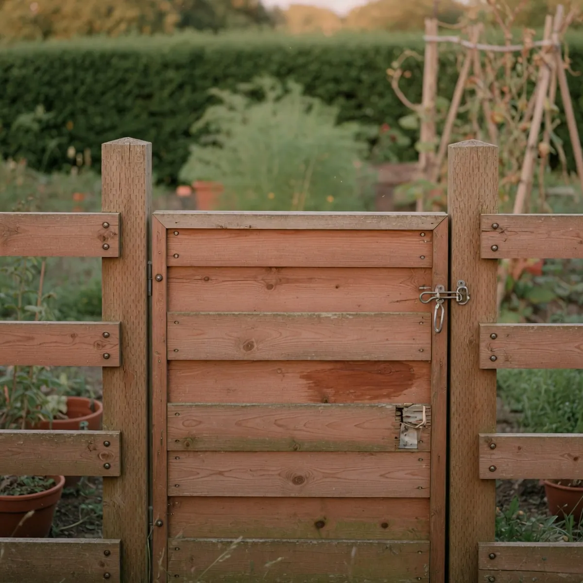 A close-up view of a sturdy wooden fence panel set against a blurred garden background.