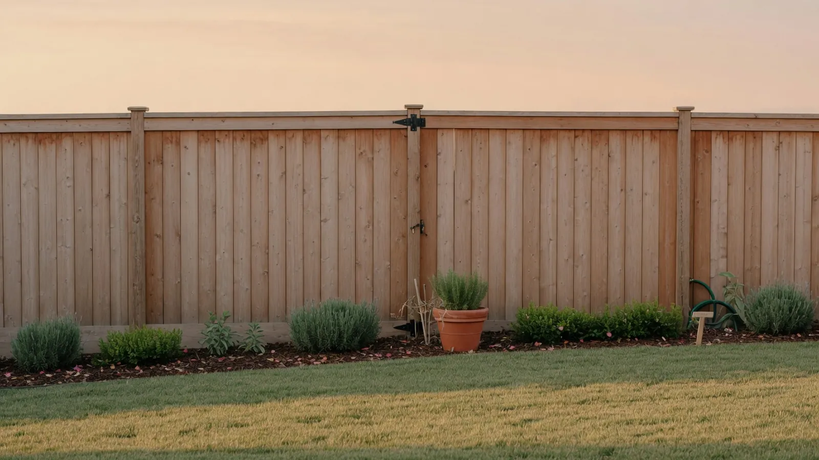 A classic wooden privacy fence enclosing a well-maintained residential garden.
