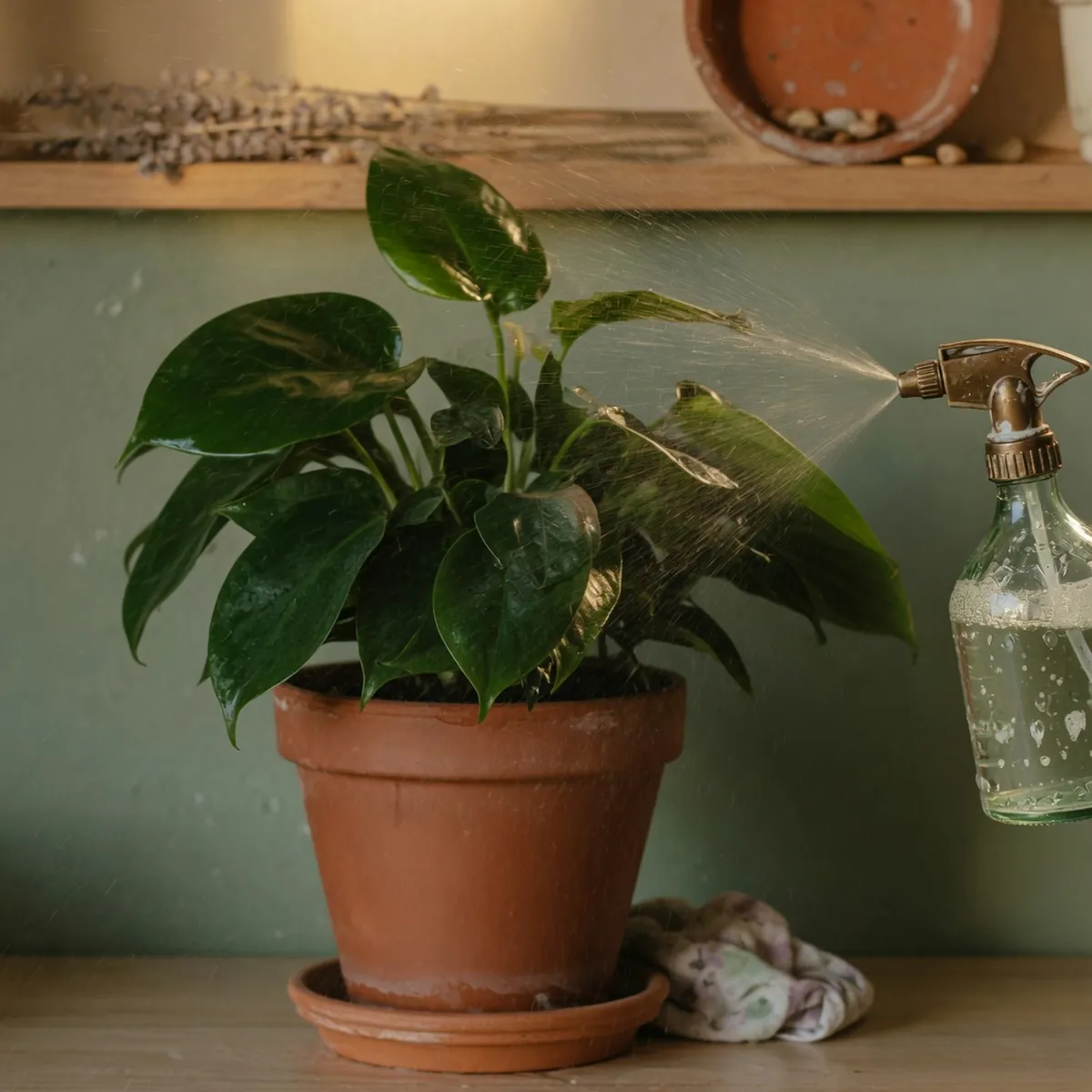 A potted houseplant receiving a fine mist of soapy water from a glass spray bottle.