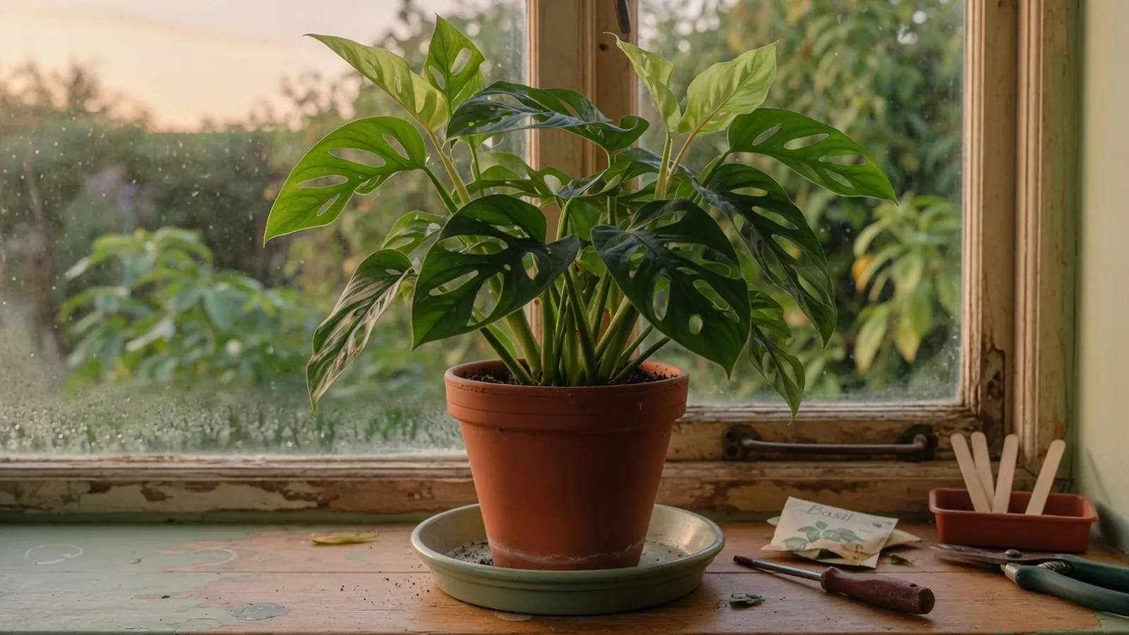 A vibrant potted houseplant with lush green foliage on a wooden windowsill.