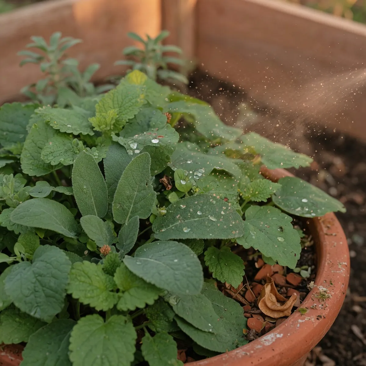 A close-up of vibrant green garden leaves being lightly misted with a fine spray of homemade repellent.