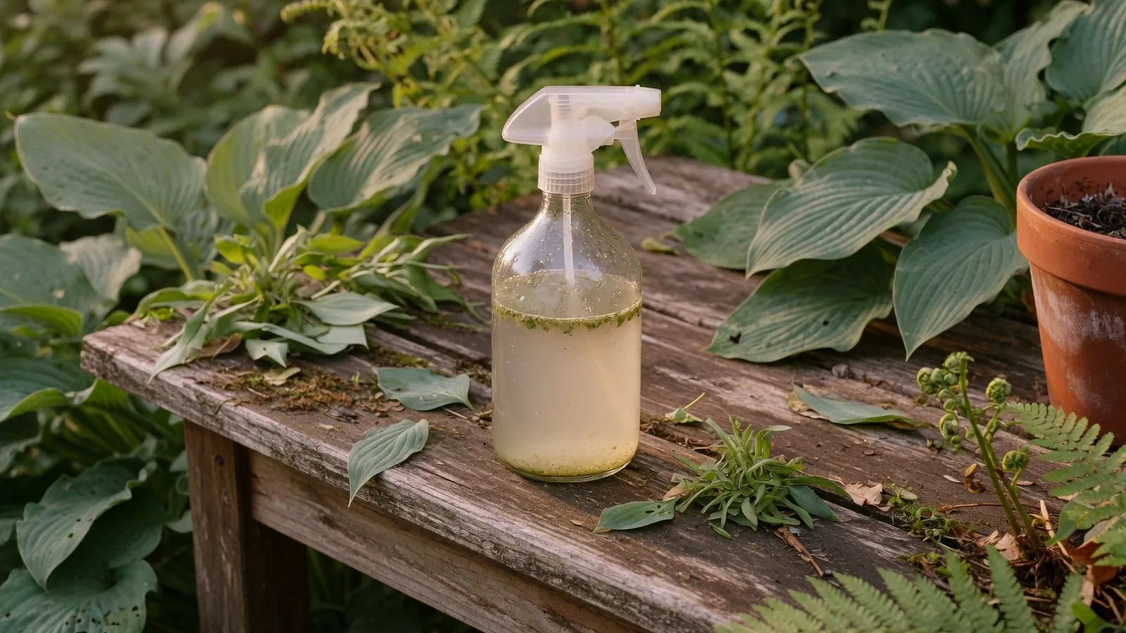 A clear glass spray bottle filled with a cloudy pale liquid resting on a weathered wooden garden table surrounded by lush green hostas and ferns.