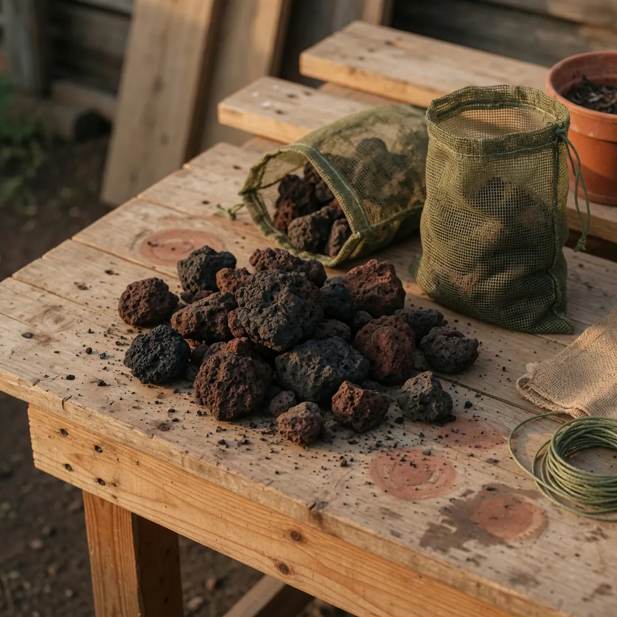 A collection of porous lava rocks and mesh bags ready for assembly into a DIY pond filter.