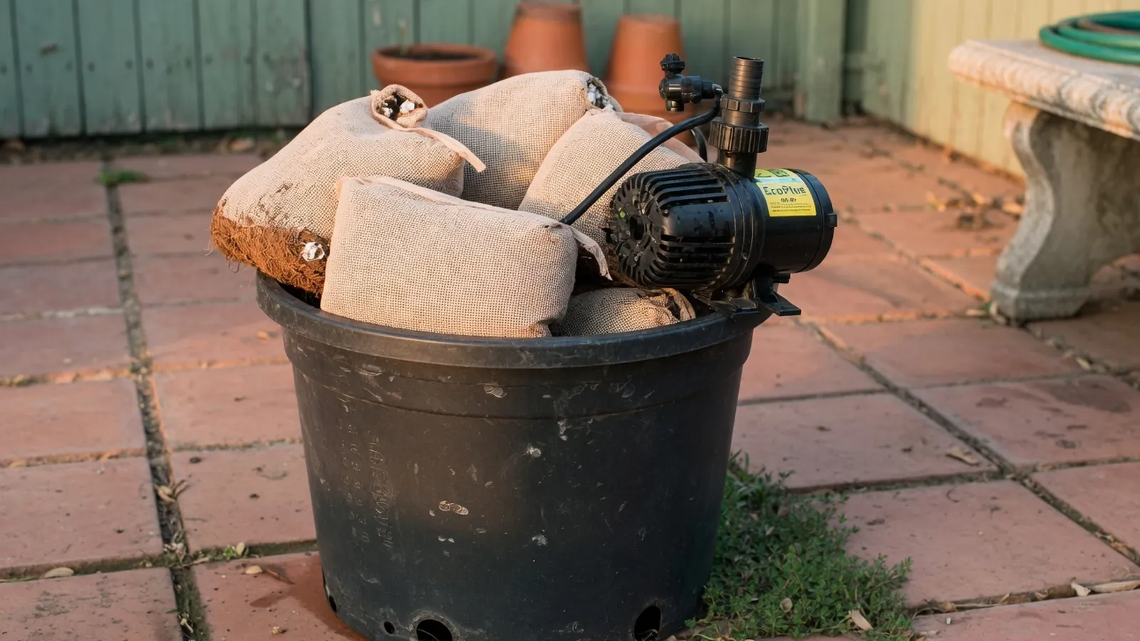 A simple DIY pond filter setup using a plastic container, mesh bags, and a submersible pump.