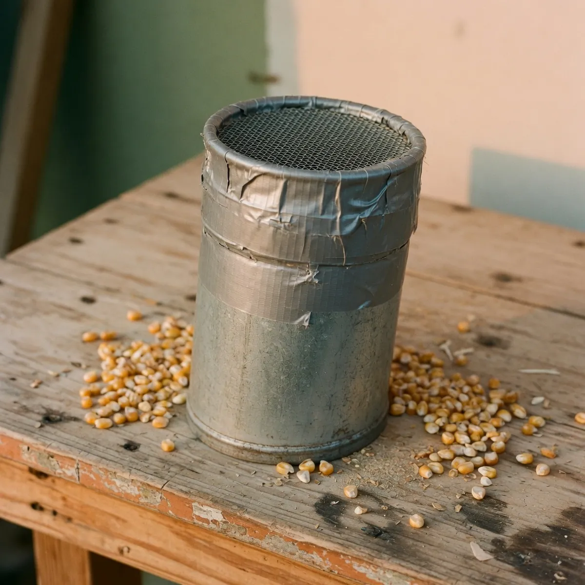 A galvanized stove pipe section with a mesh screen cap and duct tape rests on a workbench with corn kernels.