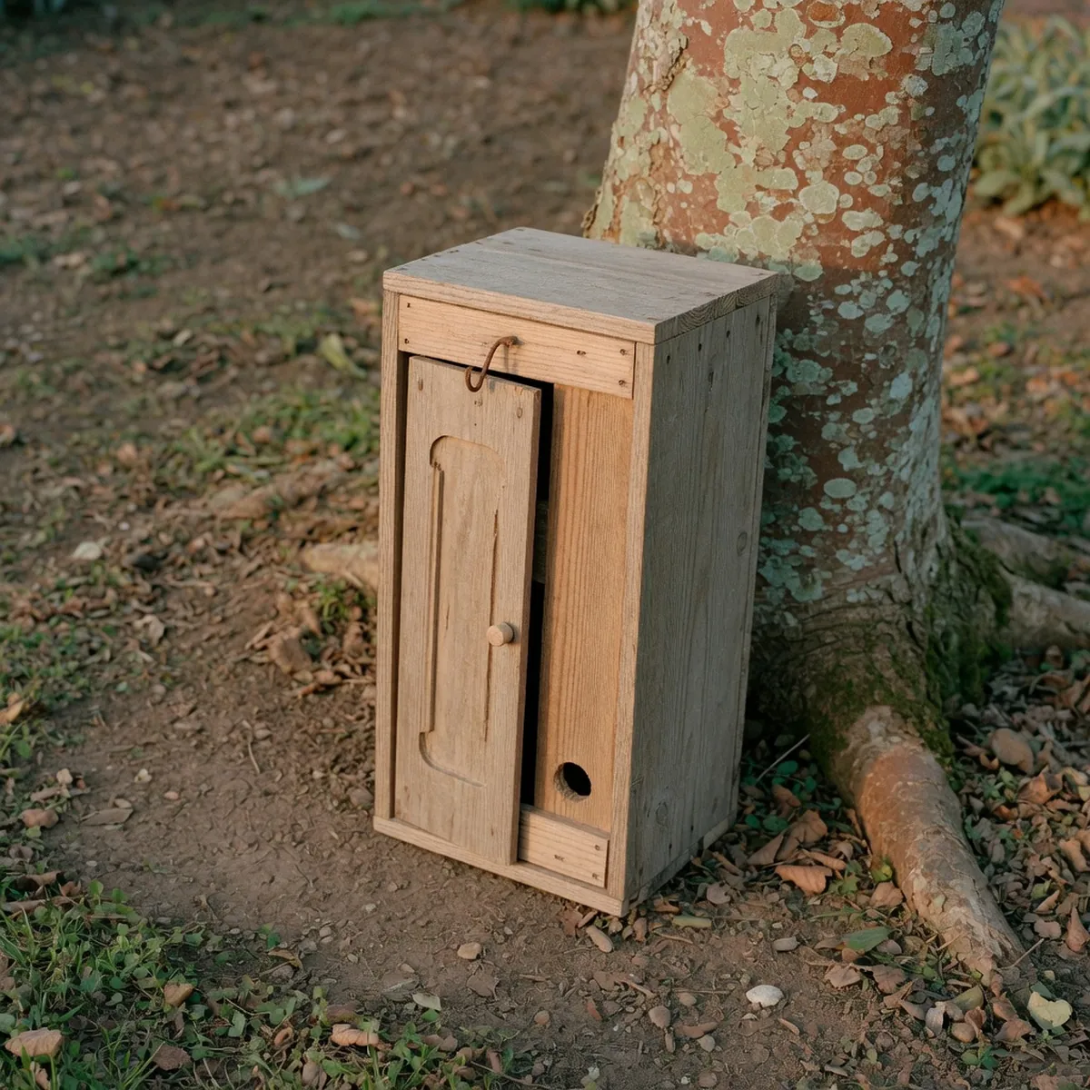 A narrow wooden plank box featuring a sliding door mechanism sits on garden soil near a tree trunk.