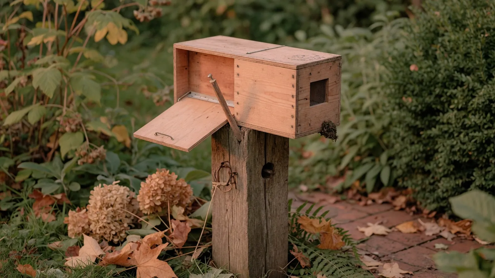 A wooden box trap with a sliding door sits on a garden fence post among green foliage.