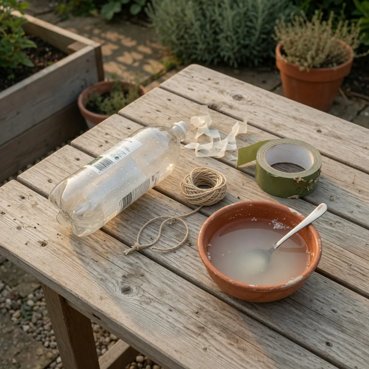 A collection of household supplies arranged on a wooden surface for building a DIY insect trap.