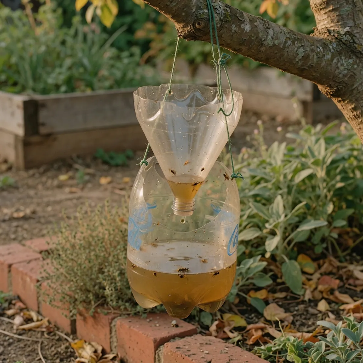 A finished homemade trap suspended from a tree branch with its inverted funnel clearly visible.