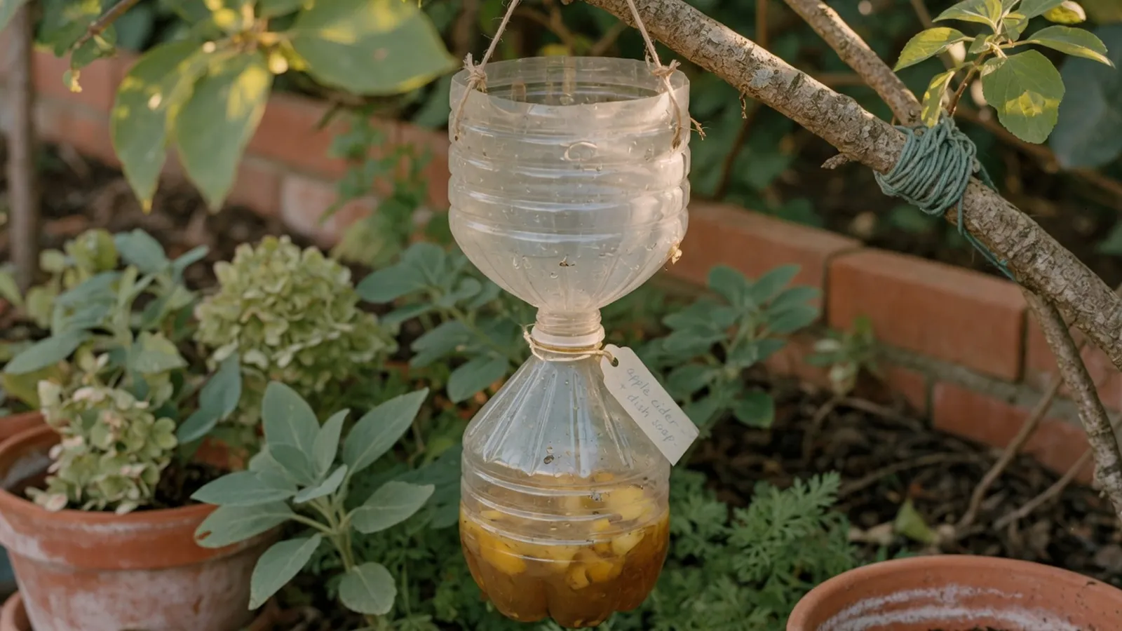 A repurposed plastic bottle fashioned into a hanging wasp trap suspended from a garden branch.