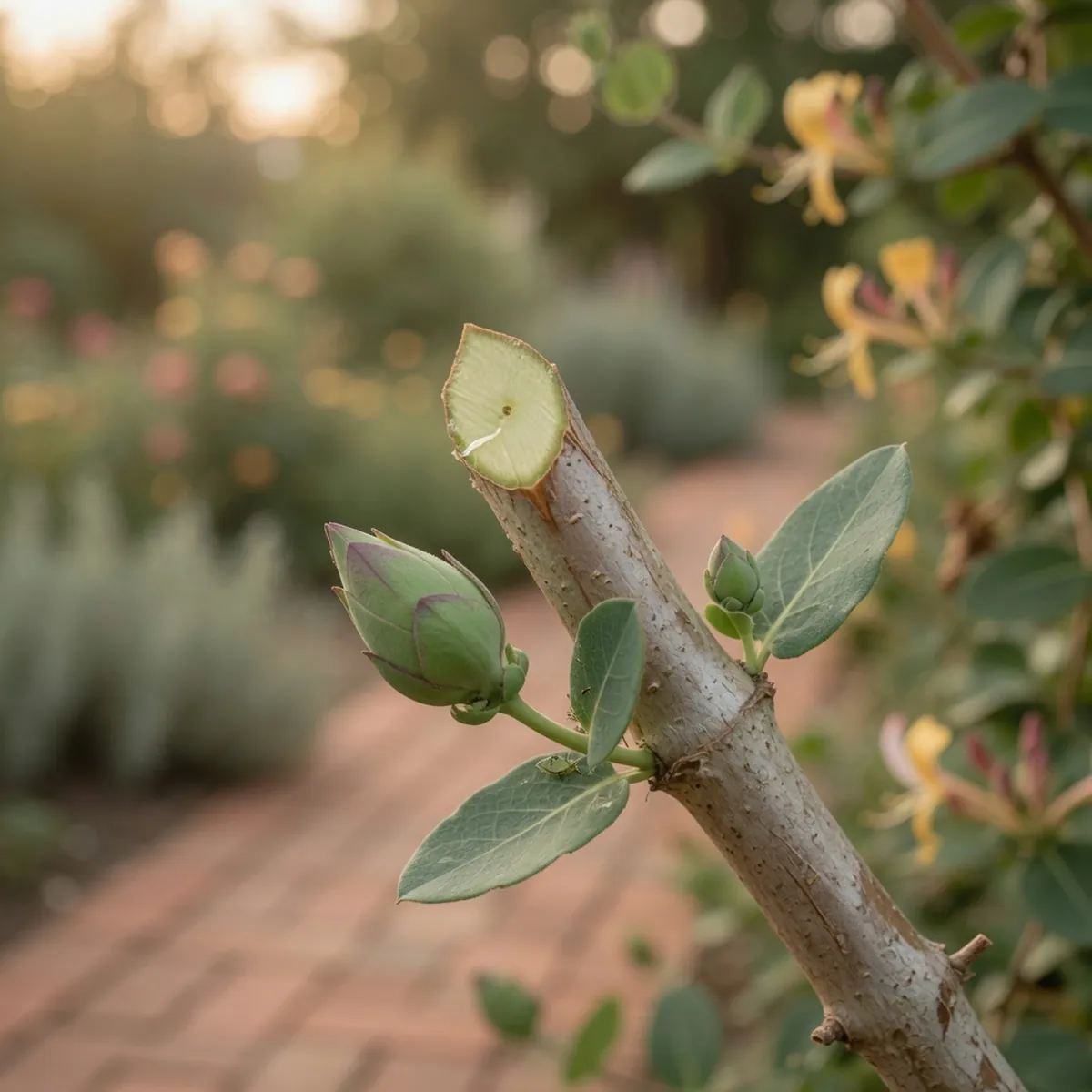 A close-up of a honeysuckle bush branch showing a fresh pruning cut near a green bud.
