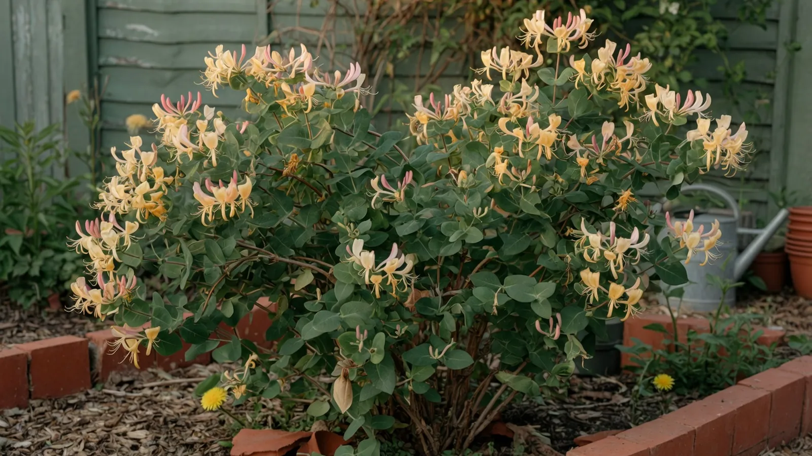 A lush honeysuckle bush in full bloom with fragrant trumpet-shaped flowers and green foliage.