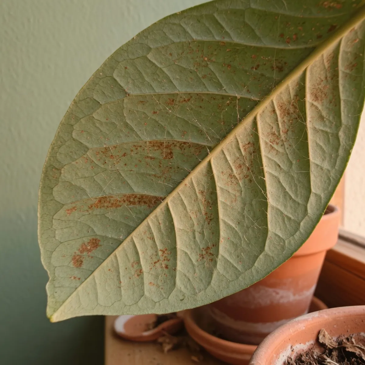 Close-up of a houseplant leaf showing fine webbing and bronzed discoloration on the underside.