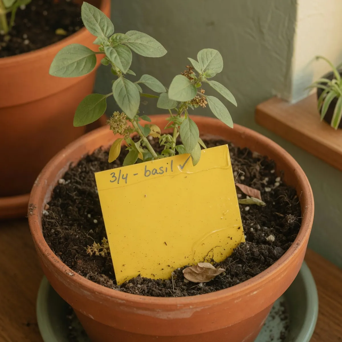 A yellow sticky trap card placed near the soil surface of a potted plant.