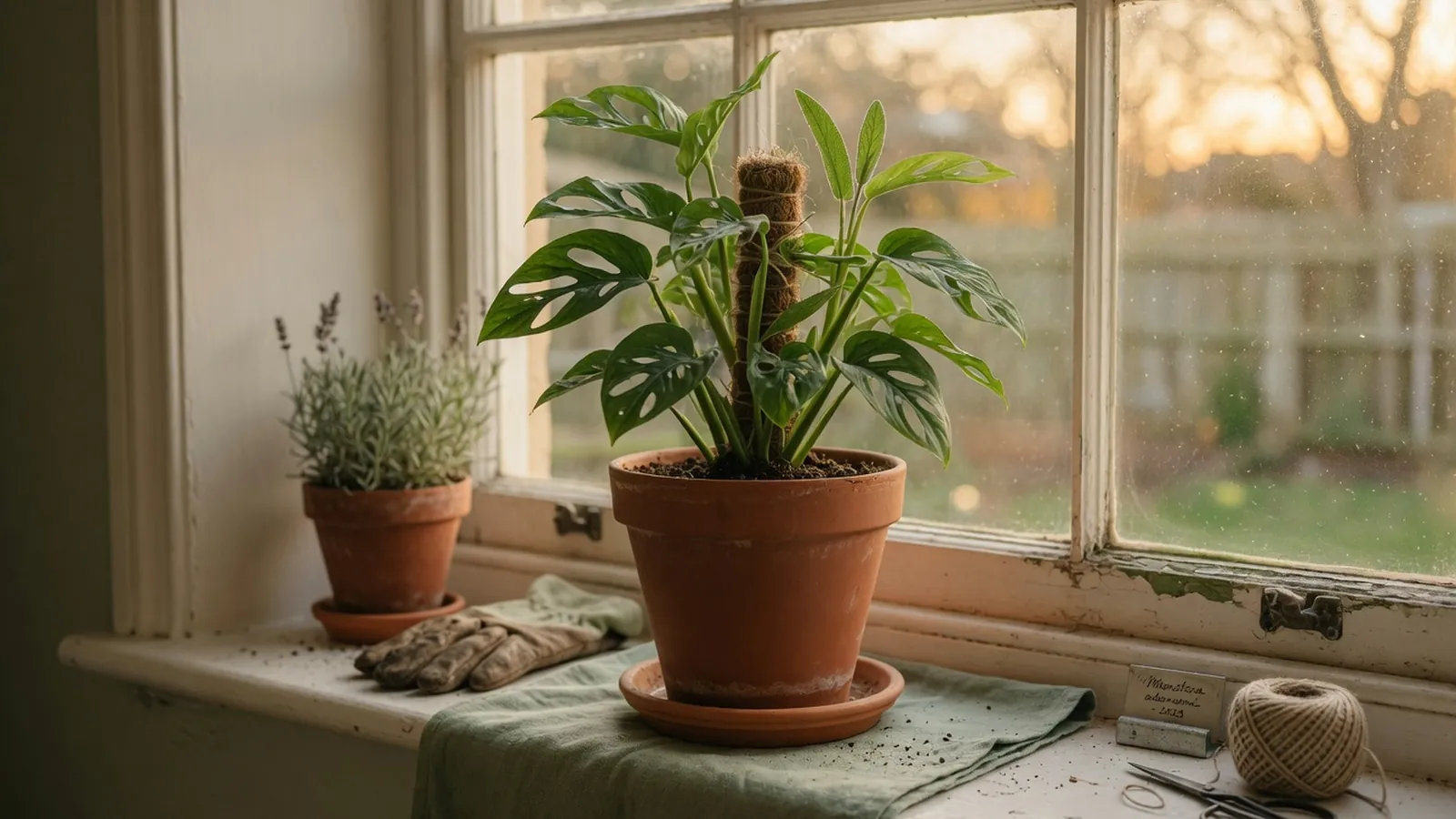 A healthy potted houseplant sitting on a bright windowsill with soft natural light.