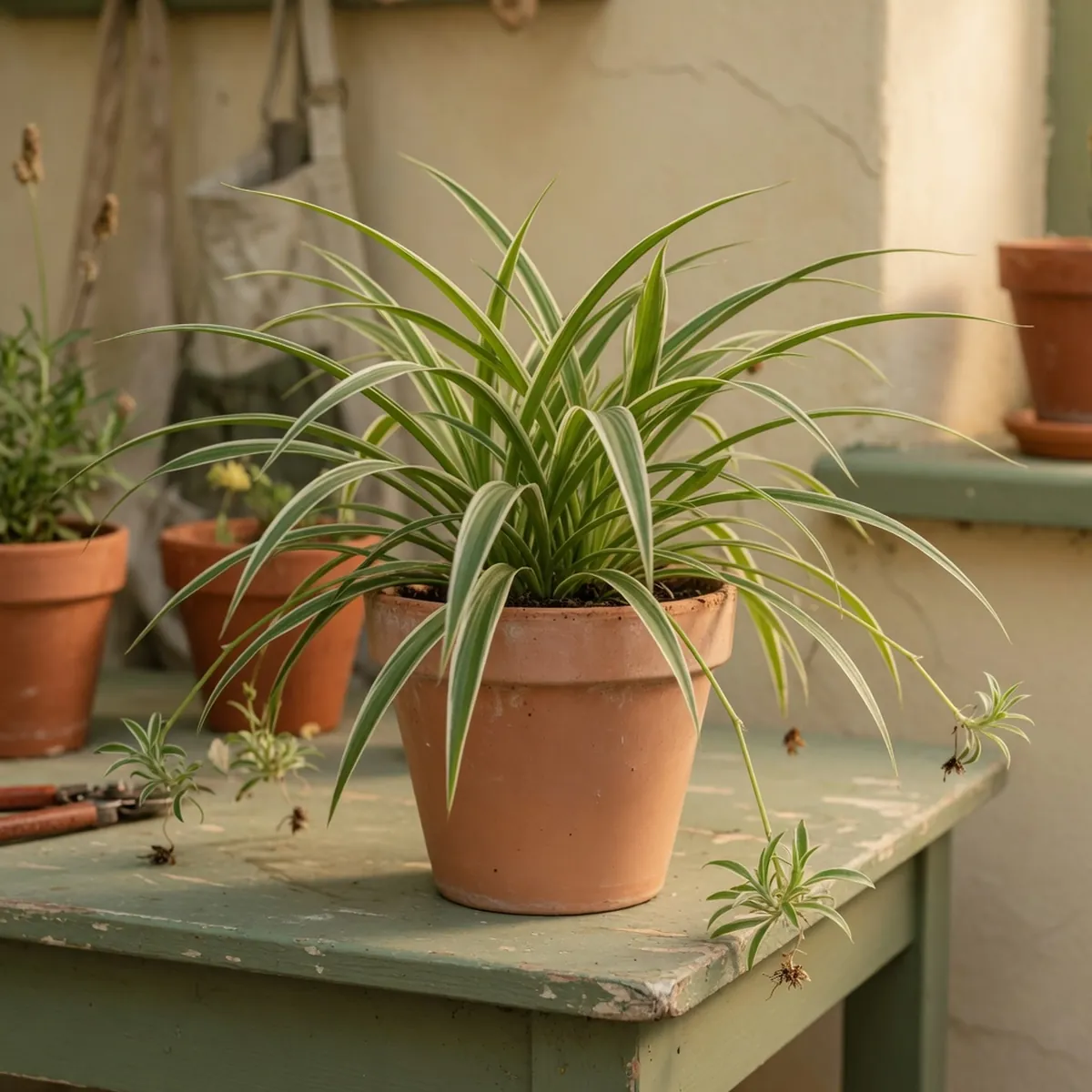 A spider plant with variegated leaves and trailing plantlets in a hanging pot.
