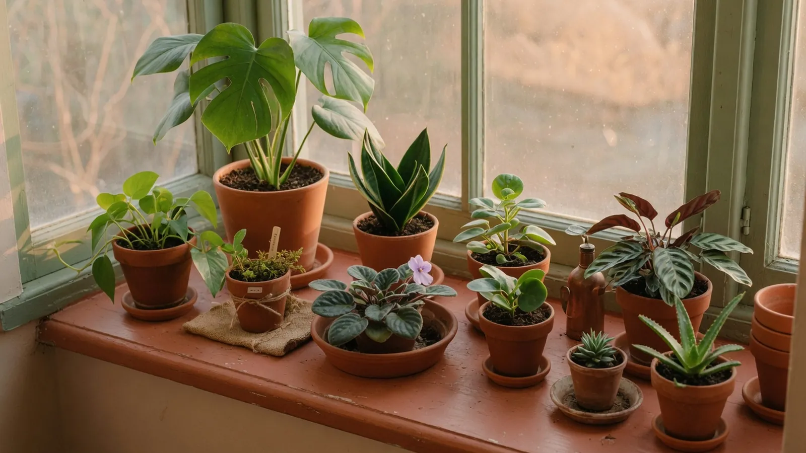 A collection of healthy potted houseplants arranged on a sunlit windowsill.