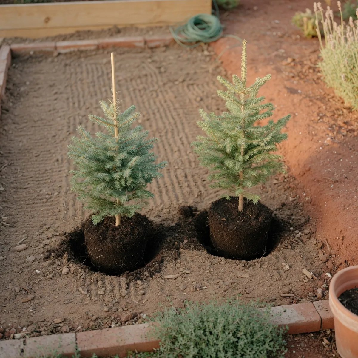 Two young evergreen saplings planted in a garden bed with visible soil spacing between them.