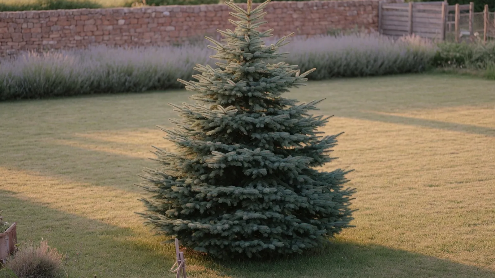 A mature evergreen tree standing alone in a spacious, sunlit garden lawn.