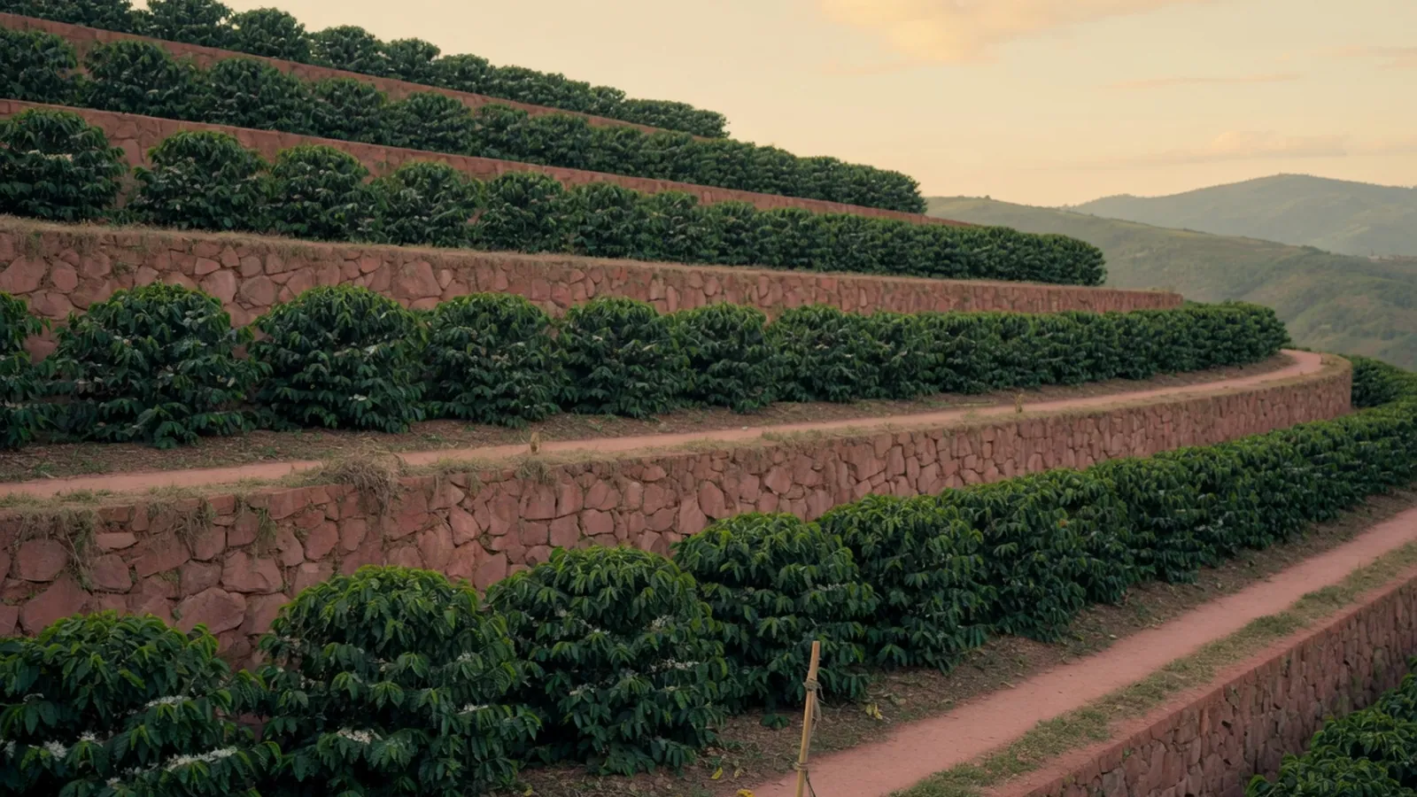 Rows of lush green coffee shrubs stretching across a terraced hillside under a bright sky.