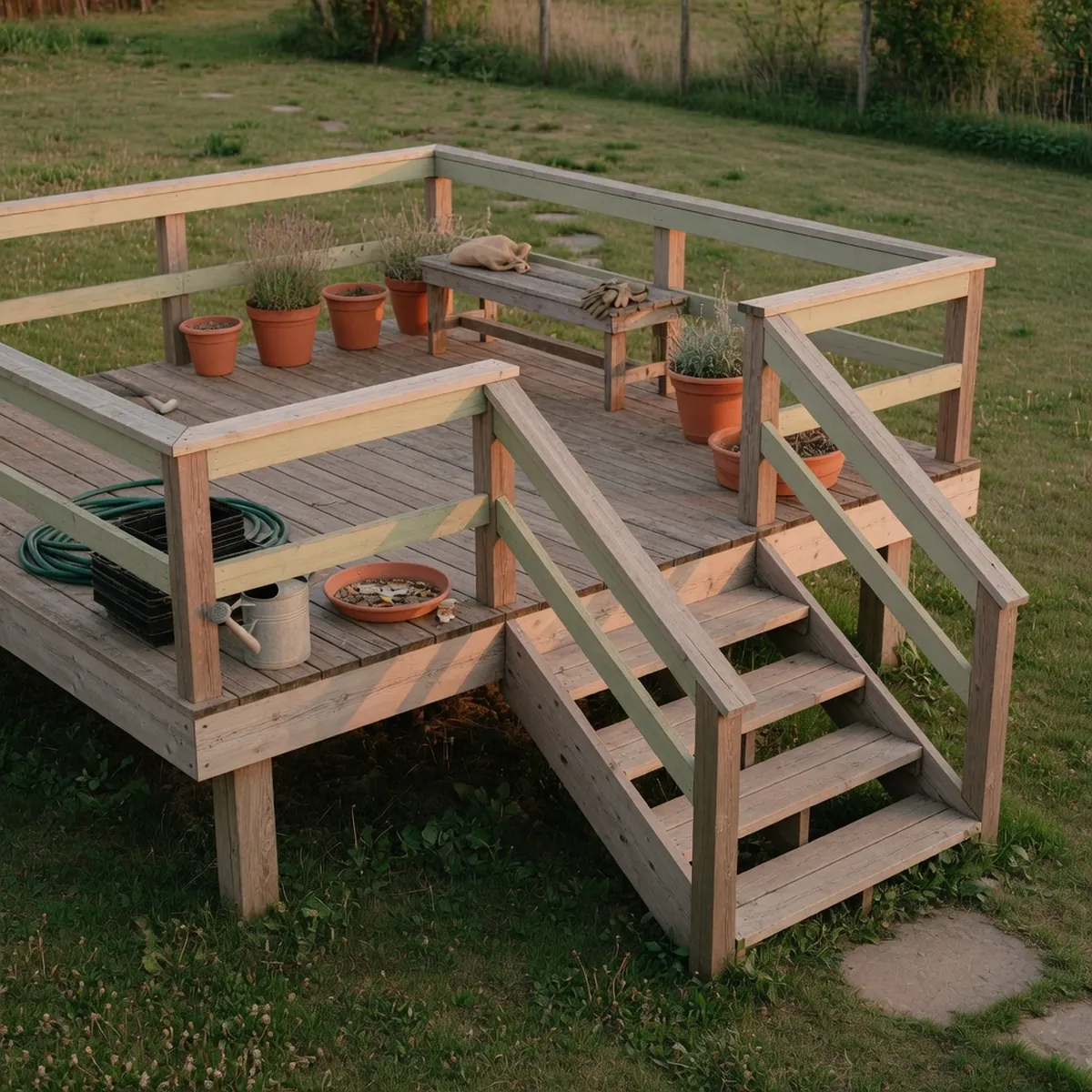 A wooden deck featuring railings and stairs overlooking a green lawn.