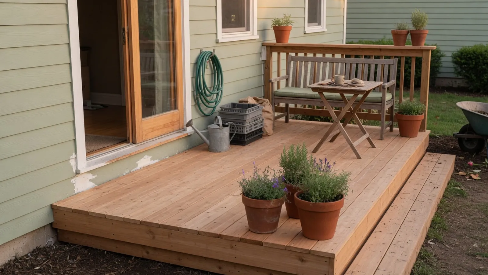 A completed wooden deck with outdoor seating and plants in a residential backyard.