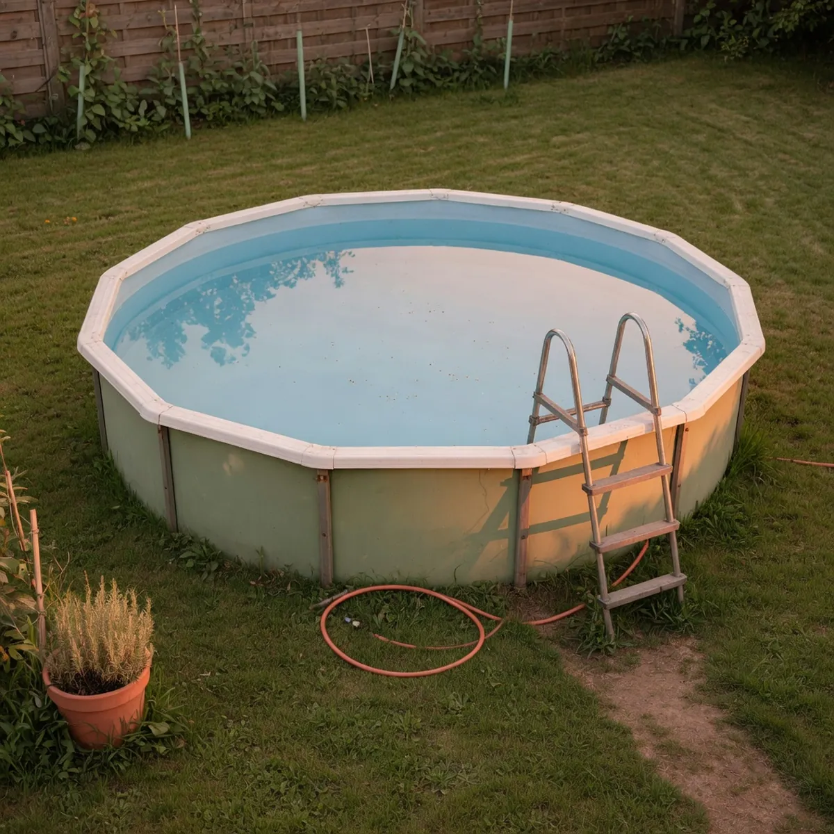 A simple circular above-ground swimming pool with a metal ladder and clear blue water on a grassy lawn.