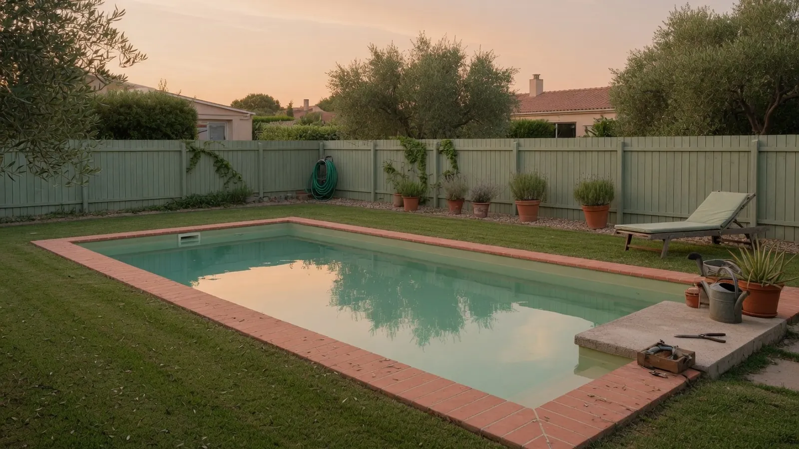 A pristine rectangular swimming pool reflecting the sky in a well-maintained residential backyard.