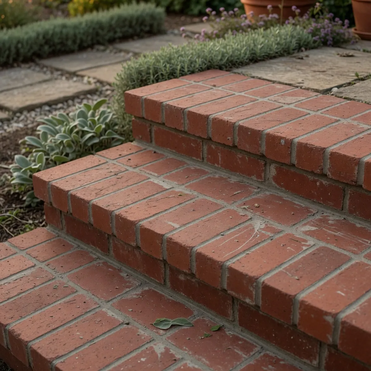 A detailed view of a newly laid brick stair tread with a subtle downward slope, showing the red brick surface and grey mortar joints against a blurred garden path background.