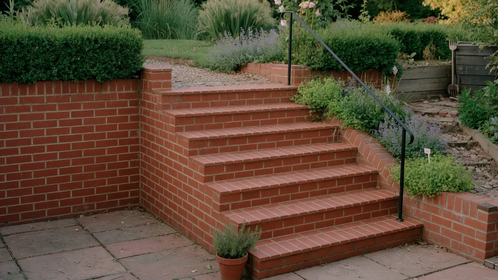 A set of newly constructed red brick steps leading up to a garden patio.