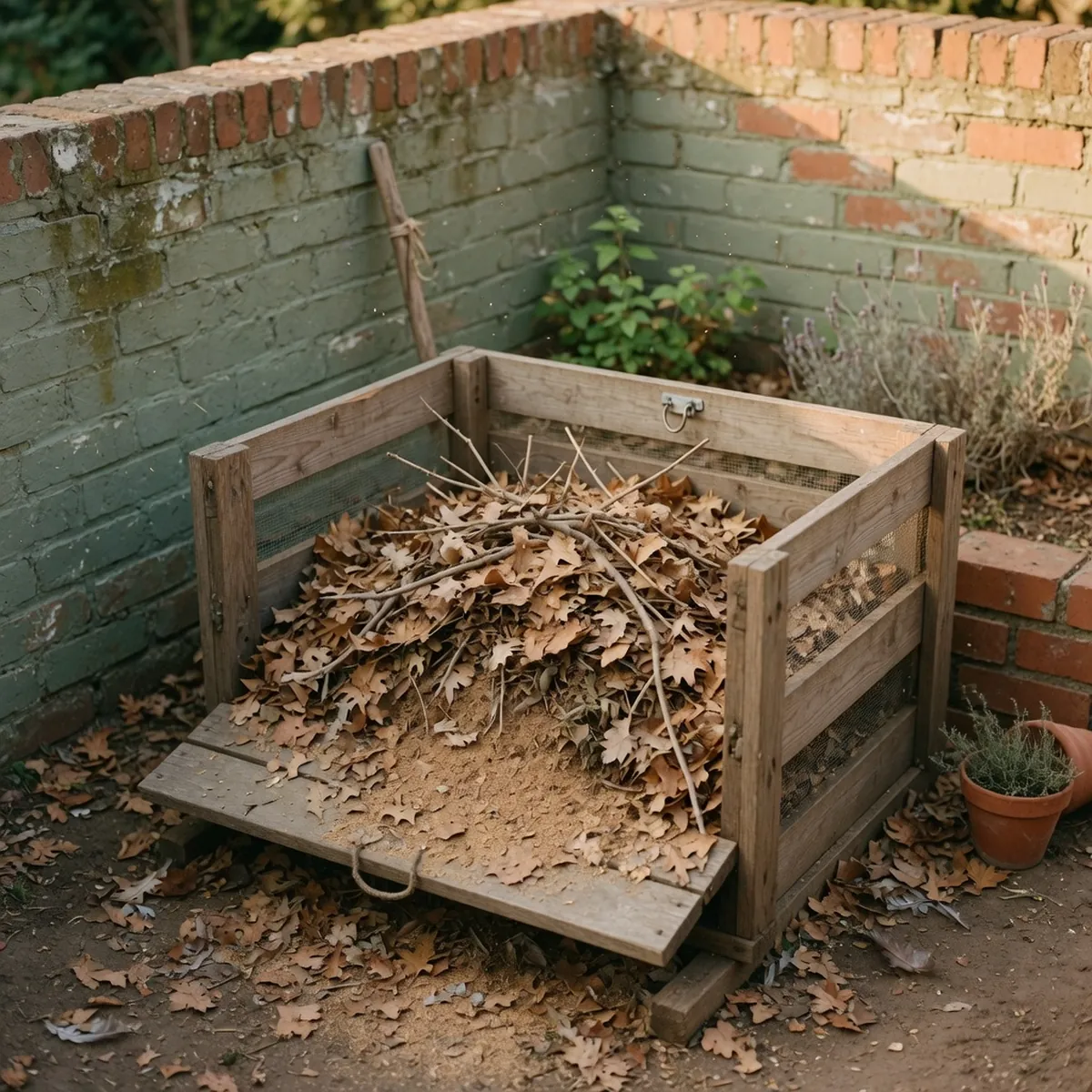 A wooden compost bin filled with dry leaves, twigs, and sawdust ready for garden waste.