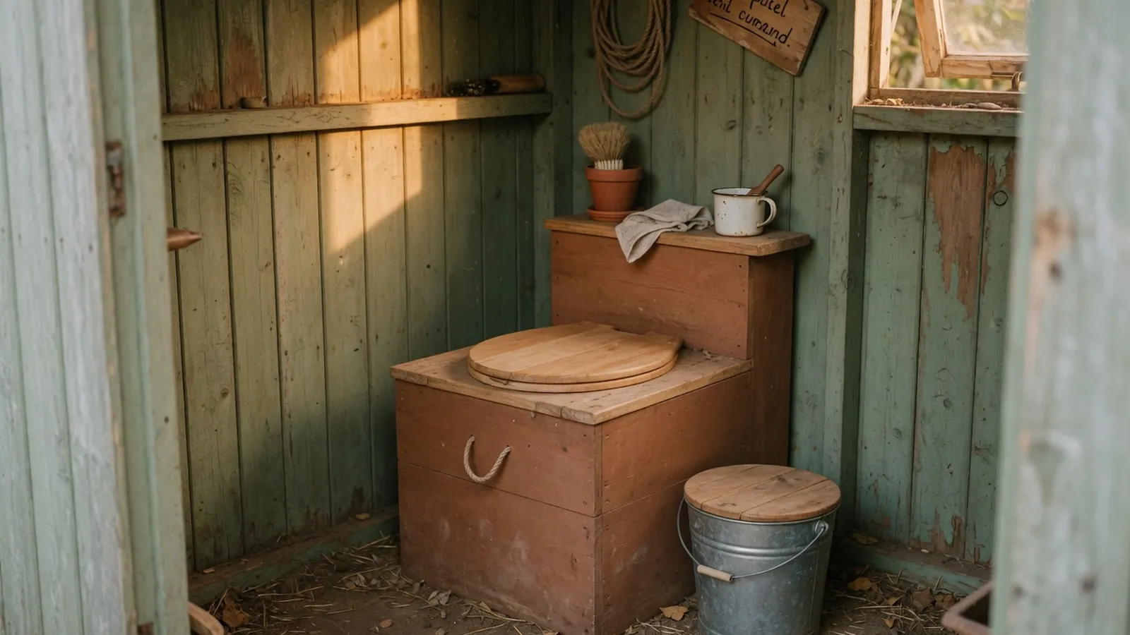 A simple wooden composting toilet structure with a bucket and lid in a garden shed.