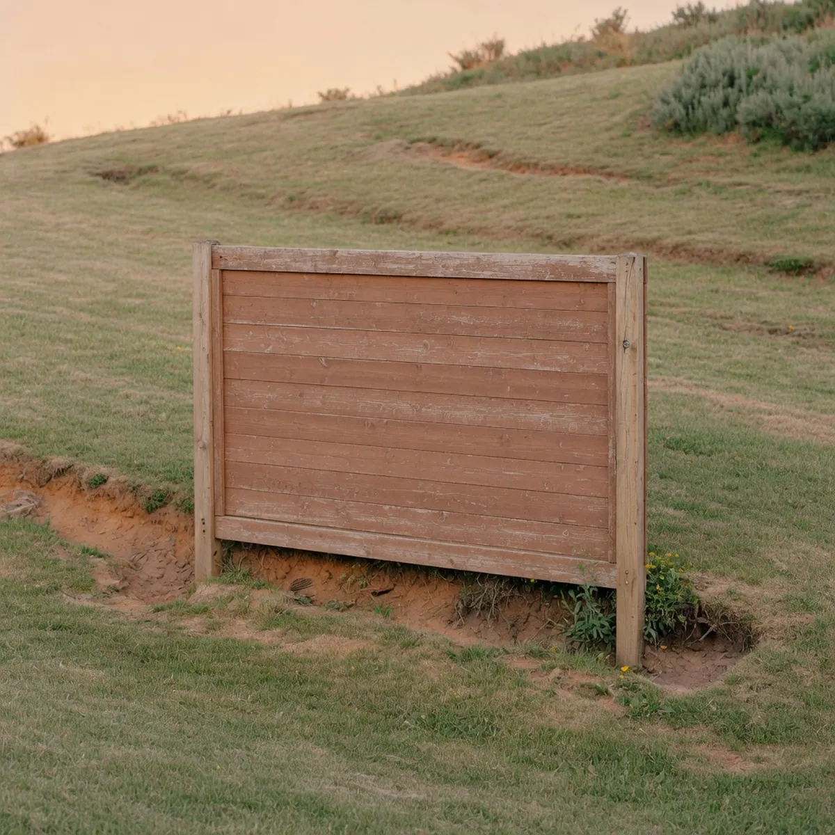 A wooden fence panel installed on a gently sloping grassy hillside with visible ground contours.