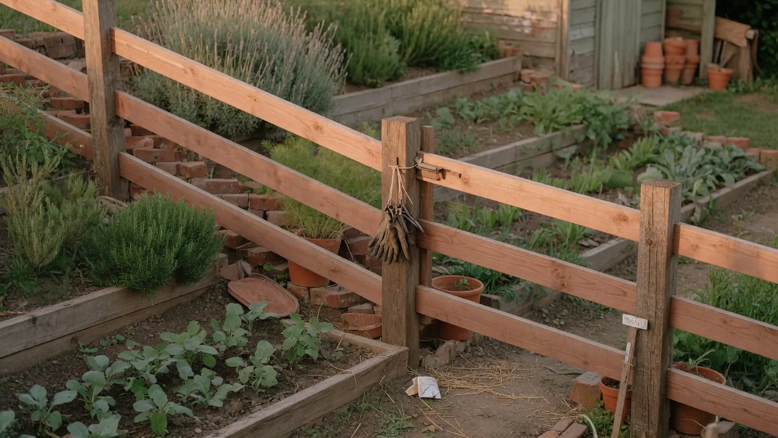 A sturdy wooden fence following the natural contour of a sloping garden landscape.