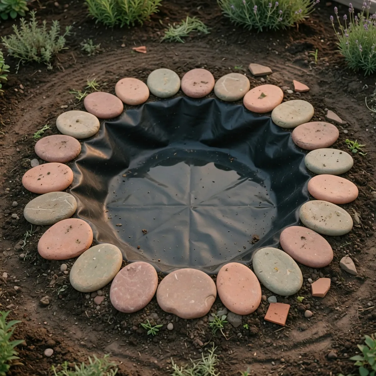 A ring of smooth, flat landscaping stones resting on the ground around the edge of a newly lined garden pond.