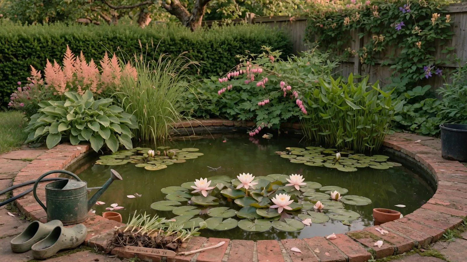 A tranquil backyard pond surrounded by lush green foliage and blooming water lilies under soft daylight.