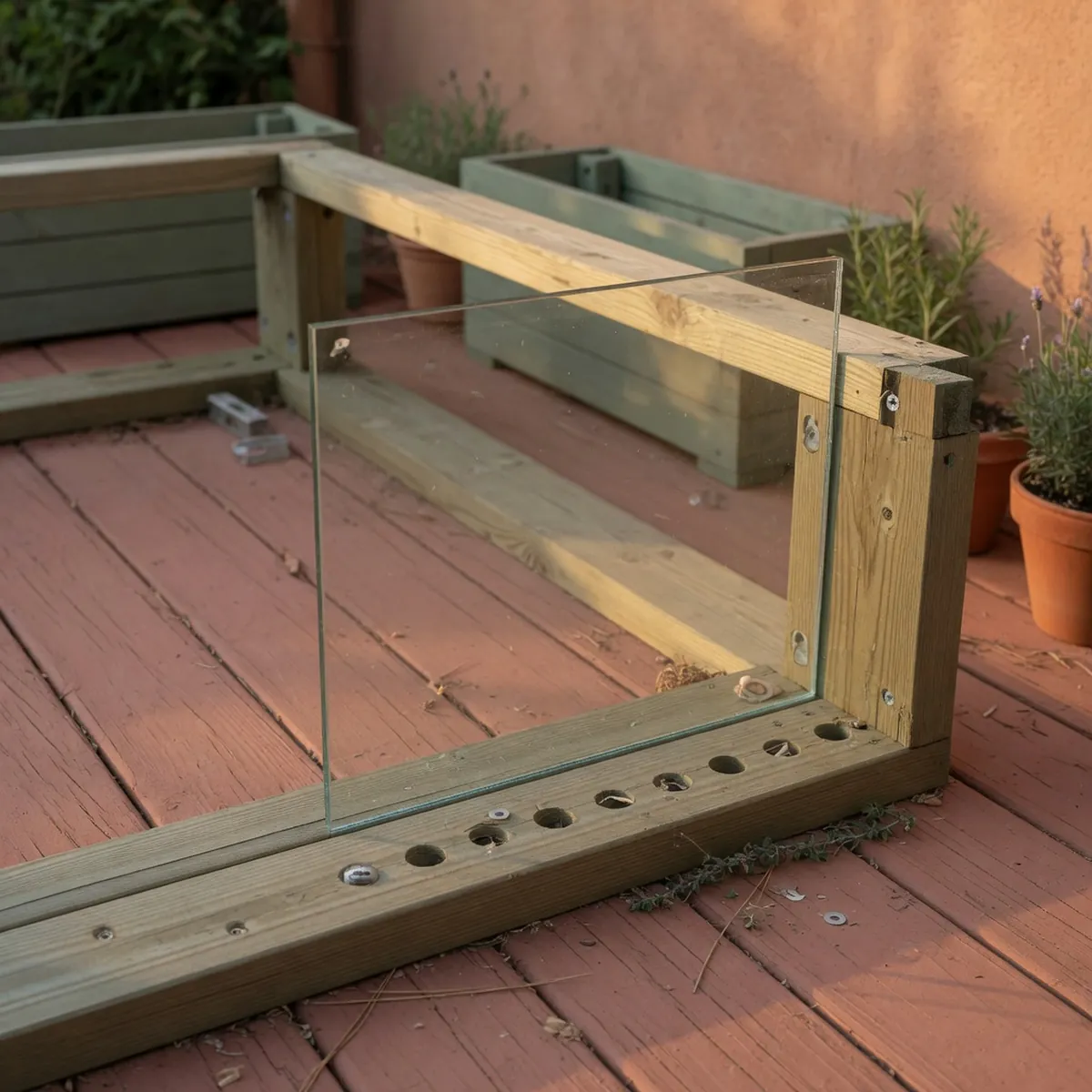 A close-up view of a thick tempered glass panel resting on a wooden deck frame with drill holes visible along the bottom edge.